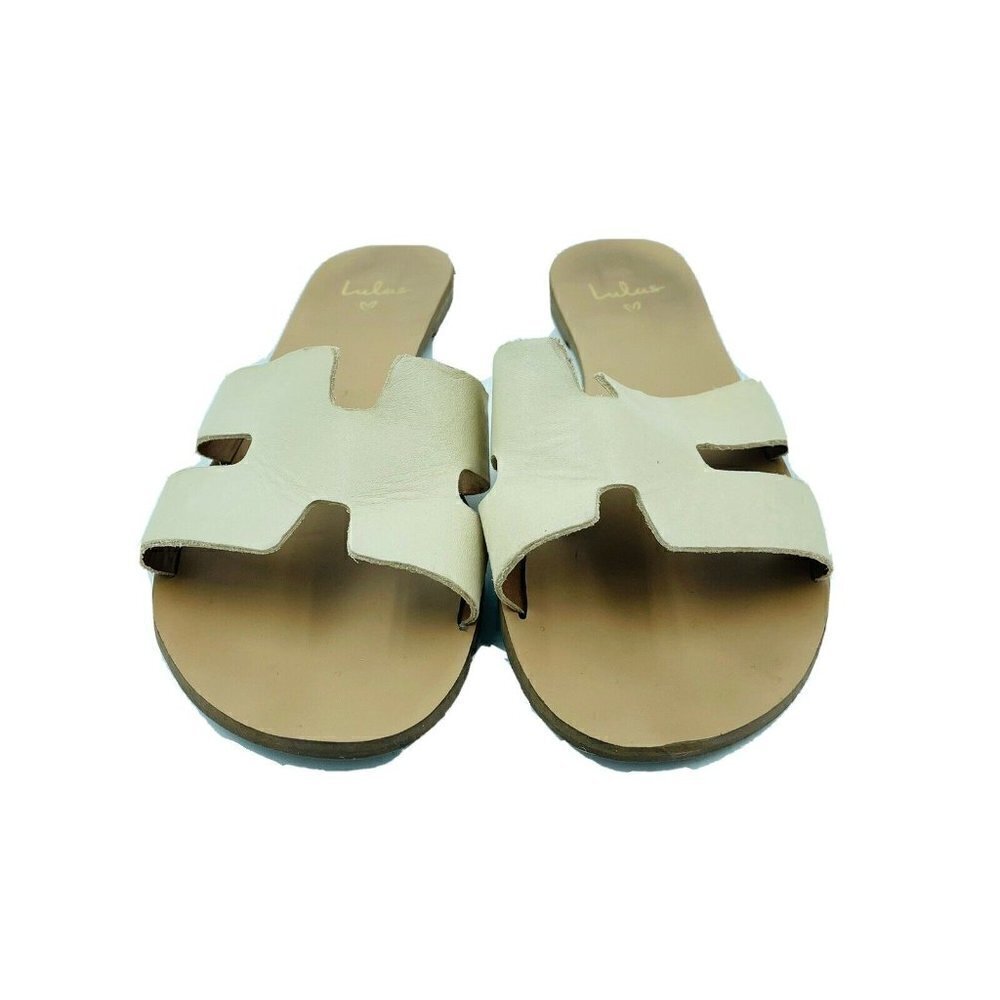 Lulus Saxon Ivory Cream Vegan Leather Slide Sandals Size 6.5